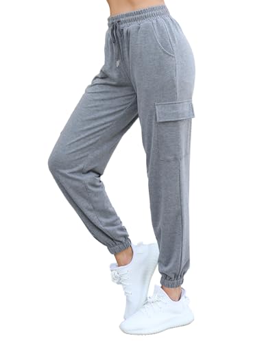 Bresdk Sporthose Damen Lang Cargo Hosen Frauen Sommerhosen Leicht Und Luftig Baumwolle Laufhose Sweathose Mit Taschen, M898 Grau, M von Bresdk