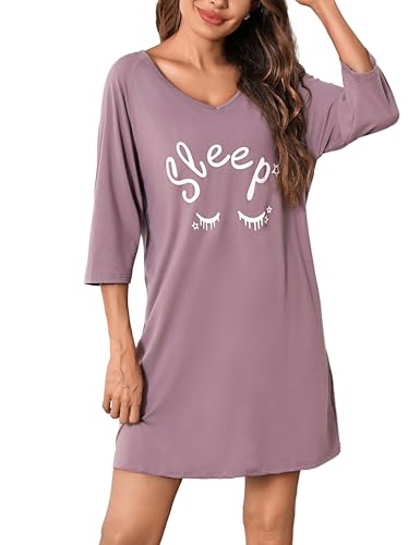 Bresdk Nachthemd Damen 3/4 Ärmel Schlafshirt Baumwolle V-Ausschnitt Sleepshirt Printed Lustig Schlafhemd Oversize Winter Nachtwäsche Schlafkleid Lila - Sleep L von Bresdk