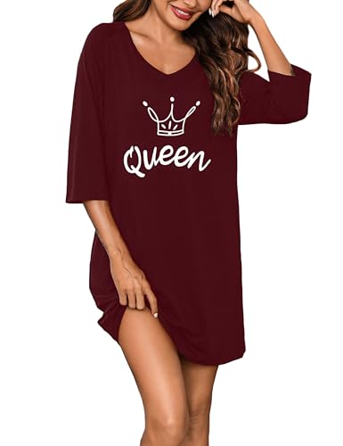 Bresdk Nachthemd Damen 3/4 Ärmel Schlafshirt Baumwolle V-Ausschnitt Sleepshirt Printed Lustig Schlafhemd Oversize Winter Nachtwäsche Schlafkleid Weinrot - Queen M von Bresdk