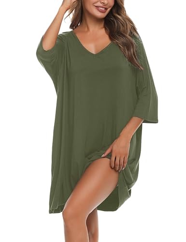 Bresdk Nachthemd Damen Baumwolle Große Größen Schlafshirt Damen Oversize Sleepshirt Kurzarm Grün XXL von Bresdk