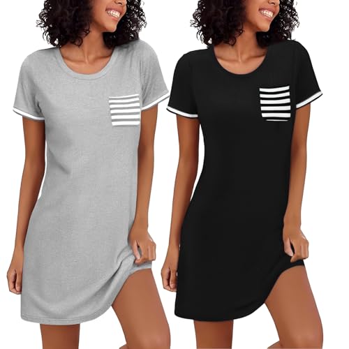 Bresdk Nachthemd Damen Baumwolle Schlafshirt Kurzarm V-Ausschnitt Baumwolle Nachtwäsche Große Größen Sleepshirt,2er Pack von Bresdk