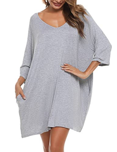 Bresdk Nachthemd Damen Sleepshirt Oversize Schlafshirt 3/4 Ärmel Big Shirt Baumwolle Grau S von Bresdk