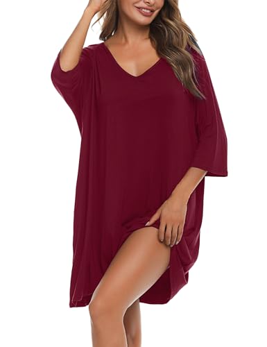 Bresdk Sleepshirt Damen Oversize Schlafshirt Baumwolle Lang Nachthemd Bigshirts zum Schlafen Rot L von Bresdk