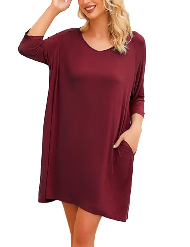 Bresdk Sleepshirt Damen Oversize Schlafshirt Baumwolle Lang Nachthemd Bigshirts zum Schlafen Rot XL von Bresdk