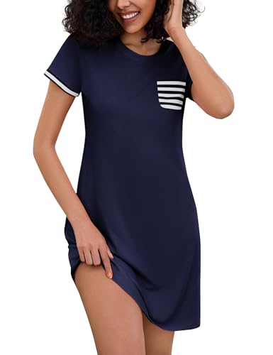Bresdk Nachthemd Damen Schlafshirt Kurzarm Baumwolle Nachtwäsche Kurz Sleepshirt Sommer Nachthemden Kleid Hauskleid Blau L von Bresdk