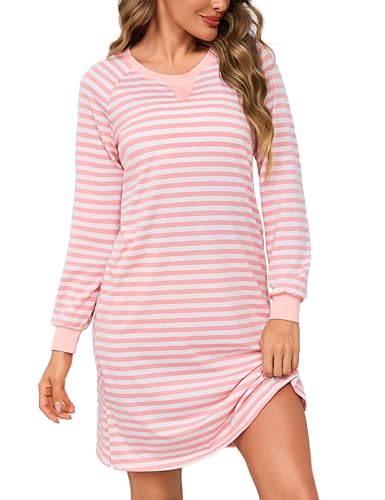 Bresdk Nachthemd Damen Lang Baumwolle Winter Schlafkleid Nachtwäsche Langarm Rundhals Streifen Schlafshirt von Bresdk