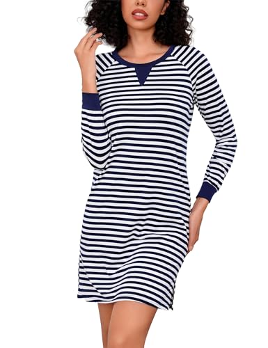 Bresdk Nachthemd Damen Lang Große Größen Baumwolle Schlafkleid Winter Nachtwäsche Langarm Rundhals Streifen Schlafshirt von Bresdk
