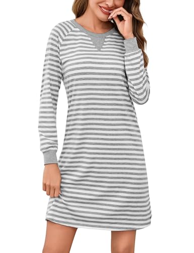 Bresdk Nachthemd Damen Lang Große Größen Baumwolle Schlafkleid Winter Nachtwäsche Langarm Rundhals Streifen Schlafshirt von Bresdk