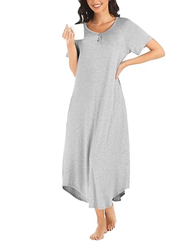 Bresdk Nachthemd Damen Lang Kurzarm Baumwolle V Ausschnitt mit Taschen Nachtwäsche Frauen Grau 3XL von Bresdk