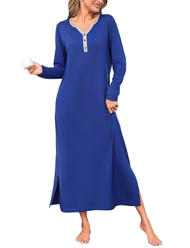 Bresdk Nachthemd Damen Langarm Baumwolle Nachtwäsche Für Damen Lang Winter Schlafkleid Oversize Knopfleiste V-Ausschnitt Einfarbig Schlafshirt große größen von Bresdk