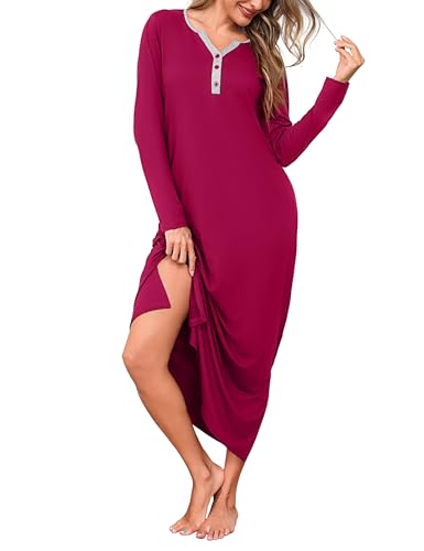 Bresdk Nachthemd Damen Langarm Baumwolle Nachtwäsche Für Damen Lang Winter Schlafkleid Oversize Knopfleiste V-Ausschnitt Einfarbig Schlafshirt große größen von Bresdk