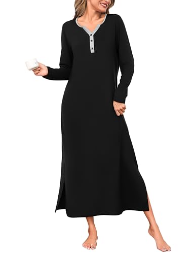 Bresdk Nachthemd Damen Langarm Baumwolle Nachtwäsche Für Damen Lang Winter Schlafkleid Oversize Knopfleiste V-Ausschnitt Einfarbig Schlafshirt große größen von Bresdk