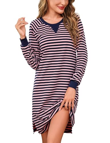 Bresdk Nachthemd Damen Langarm Baumwolle Schlafkleid Winter Nachtwäsche Lang Rundhals Streifen Schlafshirt von Bresdk