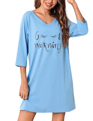 Bresdk Nachthemd Damen 3/4 Ärmel Schlafshirt Baumwolle V-Ausschnitt Sleepshirt Printed Lustig Schlafhemd Oversize Winter Nachtwäsche Schlafkleid Blau - Morning XXL von Bresdk