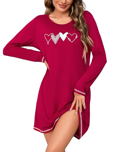 Bresdk Nachthemd Damen Langarm Baumwolle Winter Lang Nachtwäsche Schlafshirt mit Rundhalsausschnitt und Printed Liebesmuster Weiche Loungewear Sleepshirt von Bresdk