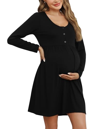Bresdk Nachthemd Damen Langarm Knöpfe Stillkleid Nachtwäsche Umstandsmode Stillnachthemd Umstandskleidung, Schwarz, M von Bresdk