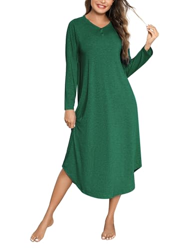 Bresdk Nachthemd Damen Langarm Lang Schlafshirt Baumwolle Weihnachten Damennachthemden mit Knopf,Grün,M von Bresdk