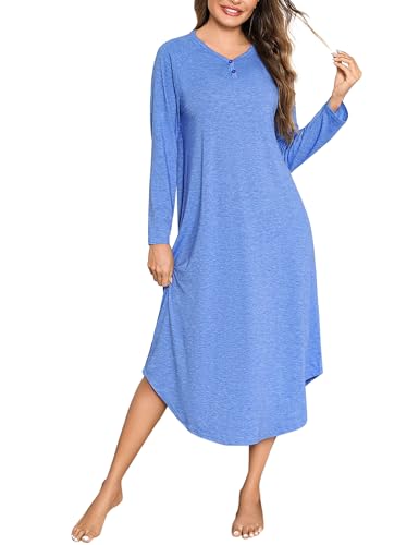 Bresdk Nachthemd Damen Langarm Lang Winter Baumwolle Nachtwäsche V Ausschnitt Schlafhemd Sleepshirt Nachtkleid,Blau,3XL von Bresdk