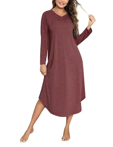Bresdk Nachthemd Damen Langarm Schlafshirt Baumwolle Große Größen Sleepshirt Oversize Winter Frauen Nachthemden,Burgunderrot,3XL von Bresdk