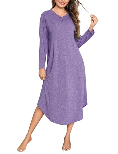 Bresdk Nachthemd Damen Langarm Lang Winter Baumwolle Nachtwäsche V Ausschnitt Schlafhemd Sleepshirt Nachtkleid,Lila,M von Bresdk