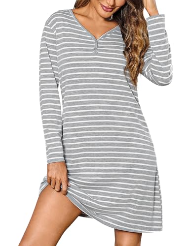 Bresdk Nachthemd Damen Langarm Winter Lang Baumwolle Nachtwäsche Schlafshirt mit V-Ausschnitt und Langen Ärmeln Gestreifte Sleepshirt hellgrau M Bresdk Nachthemd Damen Langarm Winter Lang Baumwolle Nachtwäsche Schlafshirt mit V-Ausschnitt und Langen Ärmeln Gestreifte Sleepshirt hellgrau M von Bresdk