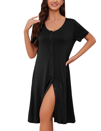 Bresdk Nachthemd Damen Nachtwäsche mit Knopfleiste Kurz Baumwolle Sleepshirt Schwarz M von Bresdk