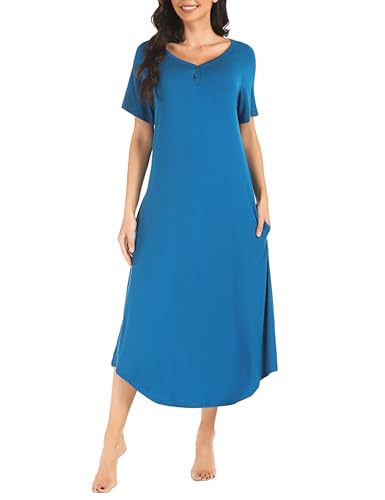 Bresdk Nachthemd Damen Schlafshirt Kurzarm Lang Baumwolle mit Knöpfe V Kragen Nachtkleid Blau L von Bresdk