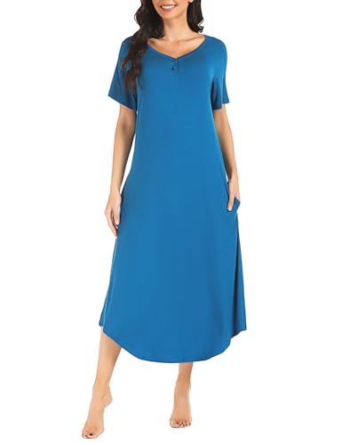 Bresdk Nachthemd Damen Schlafshirt Kurzarm Lang Baumwolle mit Knöpfe V Kragen Nachtkleid Blau XL von Bresdk
