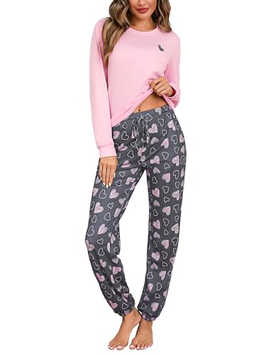 Bresdk Pyjama Damen Baumwolle Schlafanzug Damen Lang Winter Nachtwäsche Herz-Print mit Rundhals-Ausschnitt Pyjama Set Zweiteilige Schlafanzüge Rosa XL von Bresdk