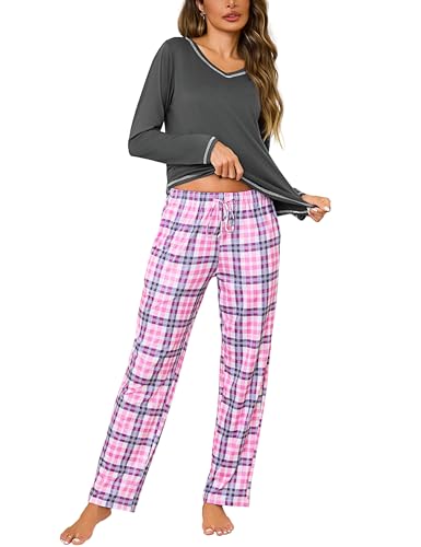 Bresdk Pyjama Damen Baumwolle Schlafanzug Damen Lang Winter Nachtwäsche Karierte mit V-Ausschnitt Pyjama Set Zweiteilige Schlafanzüge von Bresdk