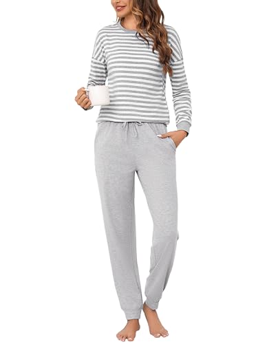 Bresdk Pyjama Damen Lang Baumwolle Frauen Nachtwäsche Baumwolle Schlafanzug mit Bündchen Grau 3XL von Bresdk