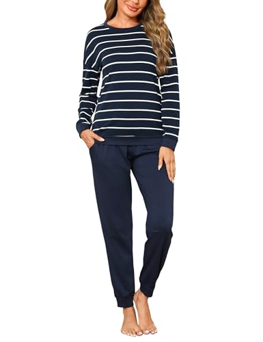 Bresdk Schlafanzug Damen Lang Pyjama Set Langarm Baumwolle Winter Nachtwäsche Frauen Dunkelblau M von Bresdk