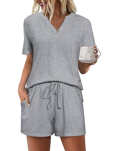 Bresdk Pyjama Damen Schlafanzug Kurz Sommer Zweiteiler Elegant Hausanzug Loungewear Grau XL von Bresdk