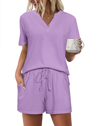 Bresdk Pyjama Damen Schlafanzug Kurz Sommer Zweiteiler Elegant Hausanzug Loungewear Lila XL von Bresdk