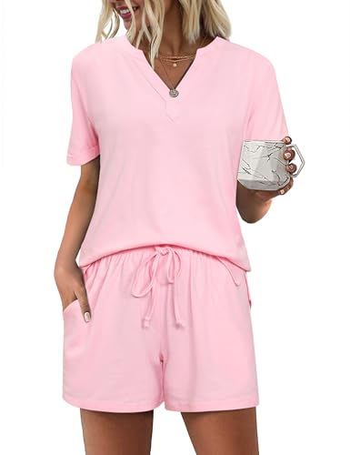 Bresdk Pyjama Damen Schlafanzug Kurz Sommer Zweiteiler Elegant Hausanzug Loungewear Rosa XL von Bresdk
