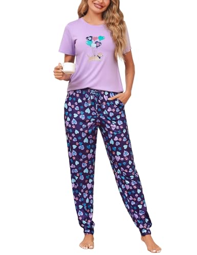 Bresdk Pyjama Damen Schlafanzug Kurzarm Oberteile Lange Pyjamahose Lounge Set Lila L von Bresdk