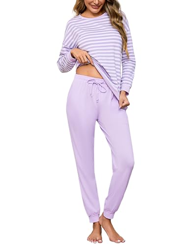 Bresdk Pyjama Damen Schlafanzug Lang Baumwolle Gestreift Kuscheliger Hausanzug Lila XL von Bresdk