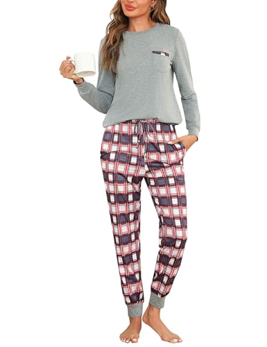 Bresdk Pyjama Damen Schlafanzug Lang mit Bündchen Kariert Kuschelig Loungwear Grau S von Bresdk