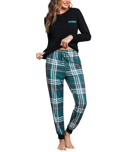 Bresdk Pyjama Damen Schlafanzug Lang mit Bündchen Kariert Kuschelig Loungwear Schwarz S von Bresdk