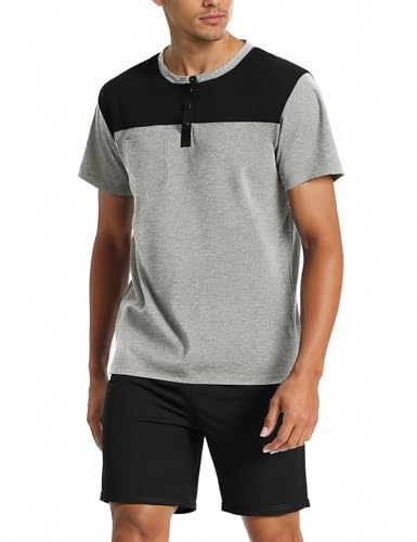 Bresdk Pyjama Herren Kurz Sommer Kuzre Schlafanzug Zweiteiliger Baumwolle Nachtwäsche Set mit T-Shirt und Shorts Pyjamahose Männer Schlafanzüge von Bresdk