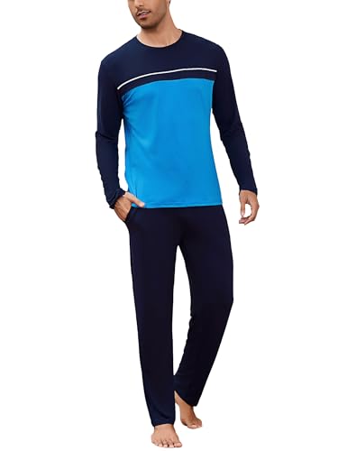 Bresdk Pyjama Herren Lang Baumwolle Schlafanzug mit Langarmshirt und Pyjamahose für Männer Winter Schlafanzüge Loungewear Sleepwear,Blau Hellblau,XXL von Bresdk