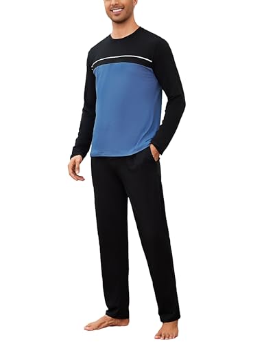 Bresdk Pyjama Herren Lang Baumwolle Warm Schlafanzug mit Langarm mit Pyjamahose Kuschelig Hausanzug,Hellblau Schwarz,XL von Bresdk