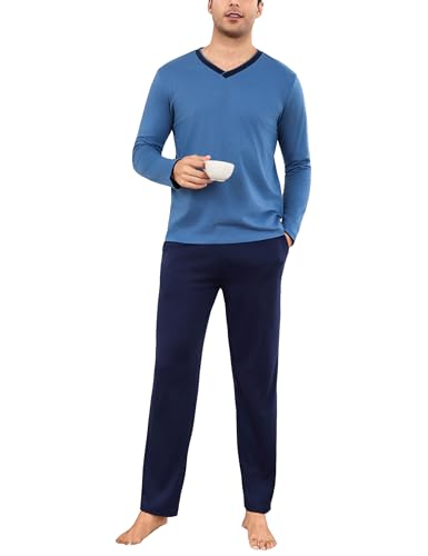 Bresdk Pyjama Herren Lang Warm 2-teilige Nachtwäsche Winter Schlafanzug Set mit Taschen Hellblau Blau XL von Bresdk