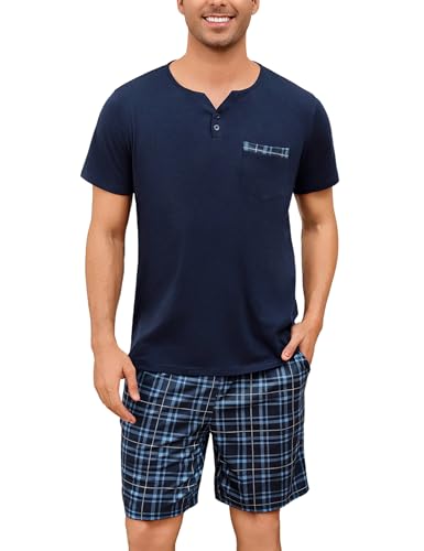Bresdk Pyjama Herren Schlafanzug Kurz Baumwolle Oberteil Nachtwäsche Männer Blau Kariert XL von Bresdk