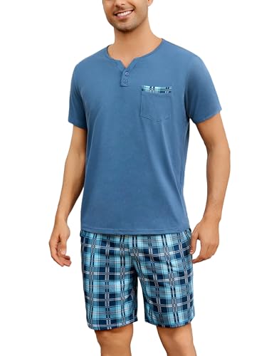 Bresdk Pyjama Herren Schlafanzug Kurz Baumwolle Oberteil Nachtwäsche Männer Hellblau Kariert XL von Bresdk
