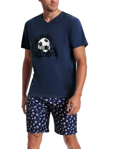 Bresdk Pyjama Herren Schlafanzug Kurzarm Oberteile Kurze Schlafanzughose Blau Fußballmuster XXL von Bresdk