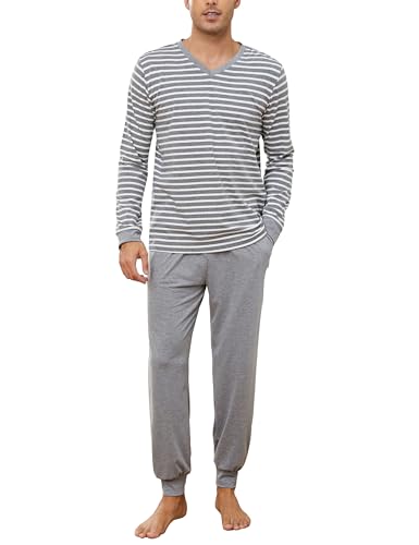 Bresdk Schlafanzug Herren Pyjama Winter Langarm Nachtwäsche Männer Grau M197 XL von Bresdk