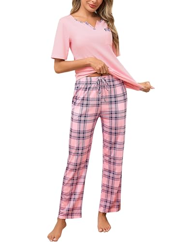Bresdk Schalfanzug Damen Pyjama Set Baumwolle Kurzarm Sommer Frauen Nachtwäsche von Bresdk