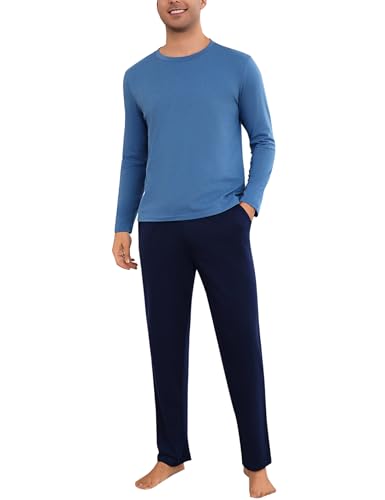 Bresdk Schlafanzüge Herren Langarm Baumwolle Zweiteiliger Pyjama Herren lang Winter Nightwear Set Blau L von Bresdk