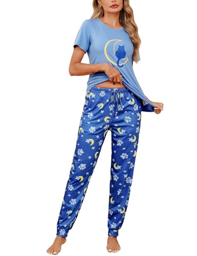 Bresdk Schlafanzüge für Damen Nachtwäsche Kurz Niedliches Pyjama Set Hellblau XXL von Bresdk